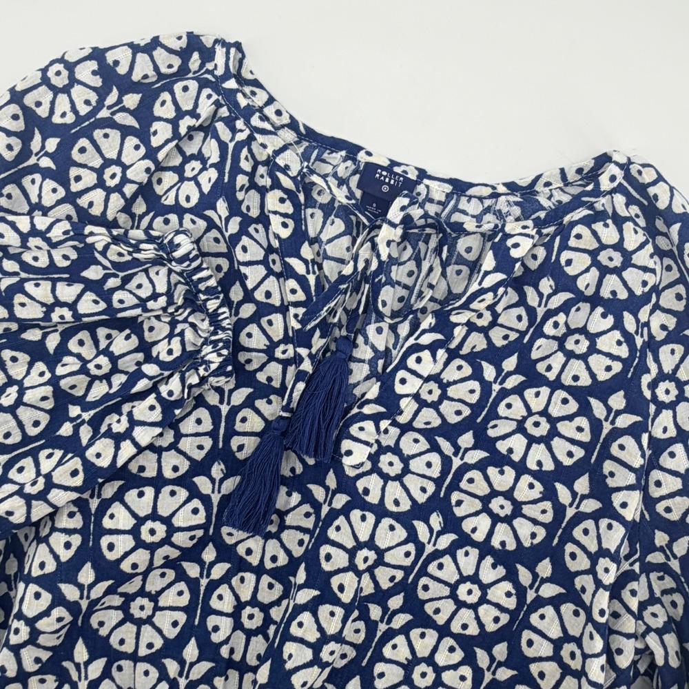 Roller Rabbit x Target Floral Blouse Blue White Tassel Crop Top Womens Small S